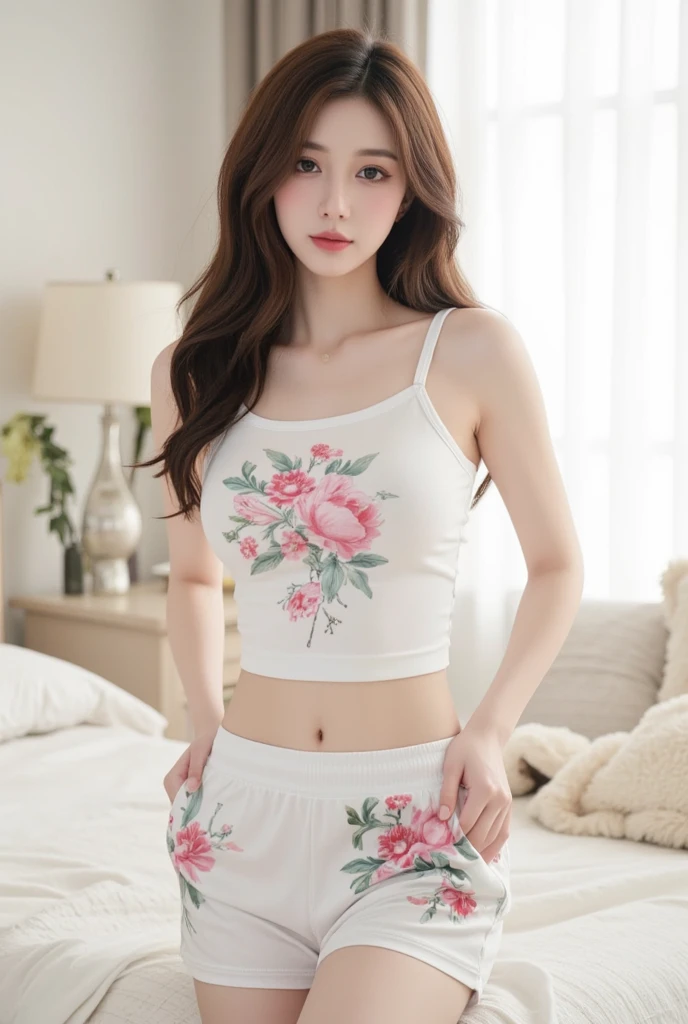 Top quality, Delicate face, 20-year-old K-pop idol, Red body, (Medium chest: 1.5), Metal structure skeleton, Mechanical joints, Bangs, (Paphia Leola), (1.2), Cyberpunk, Science Fiction, shorts. Neon Street. earphone. Tights. Glasses. Large target .