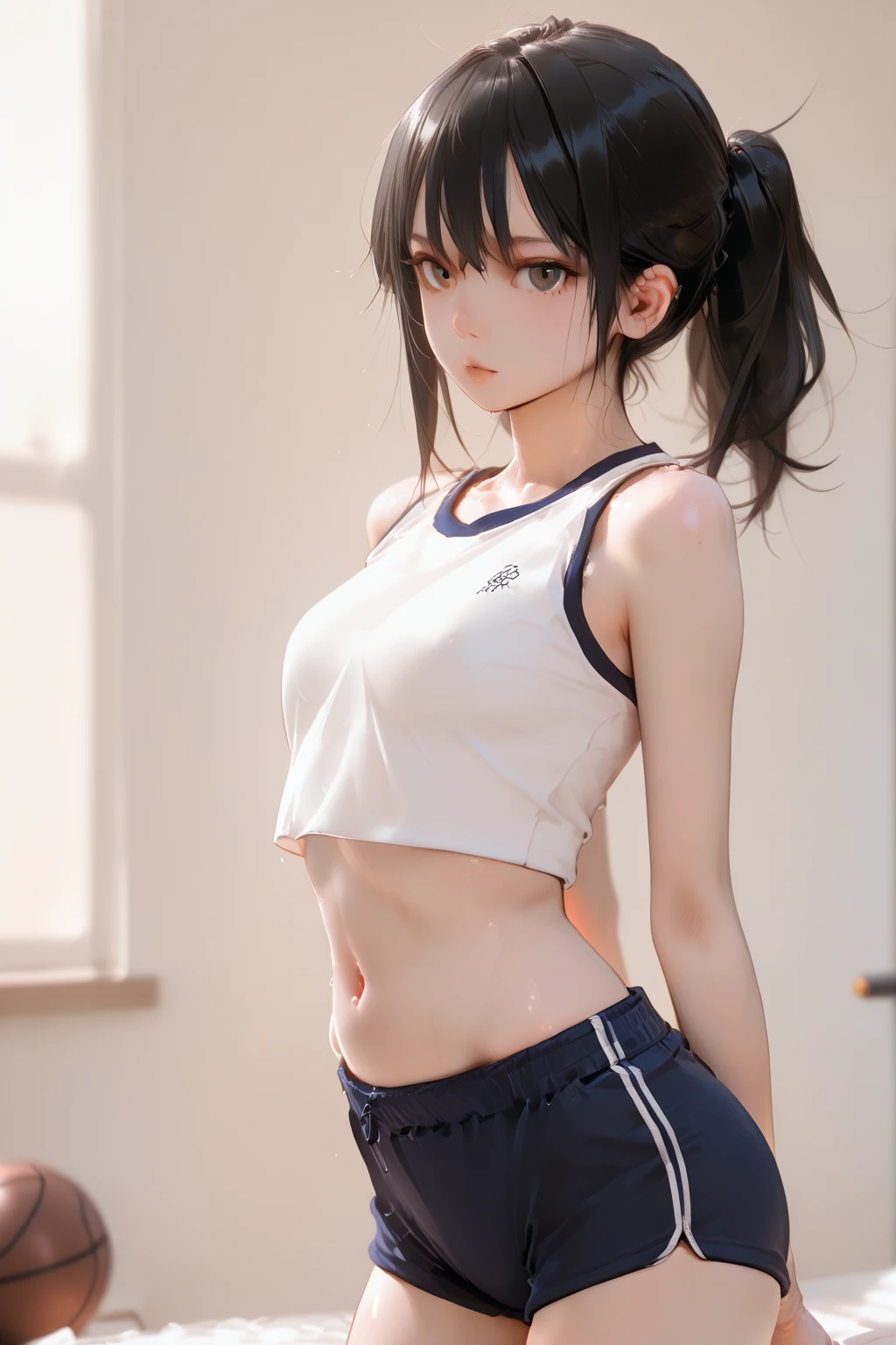 (masterpiece, best quality:1.1), blushing, fighter (dq3), 1girl, solo, twintails, looking at viewer, black hair, hair ornament, (medium breasts:1.1), closed mouth, black eyes, hair bobbles, sports bra, leggings, sneakers, fitnes, squats, (sports hall), <lora:fighterDragonQuest_v10:0.8>