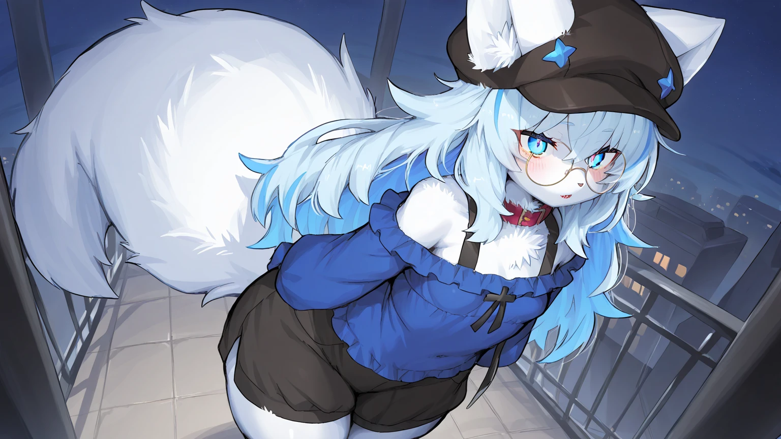 Furry dragon, mic, fluffly, white coat, detailed coat, black eyes, god of eyes, black witch hat with gray bow, hair all over belly and thigh, work of art, detailded, (fur covering the belly and thigh, (VOLUMOUS WHITE FUR ON THE NECK), white dragon syrup, furry kemono, wearing glasses without rounded lenses, cute thighs, shiny thigh, detailed coat, gray striped silk socks, and black, black and gray striped silk gloves, Cute pose