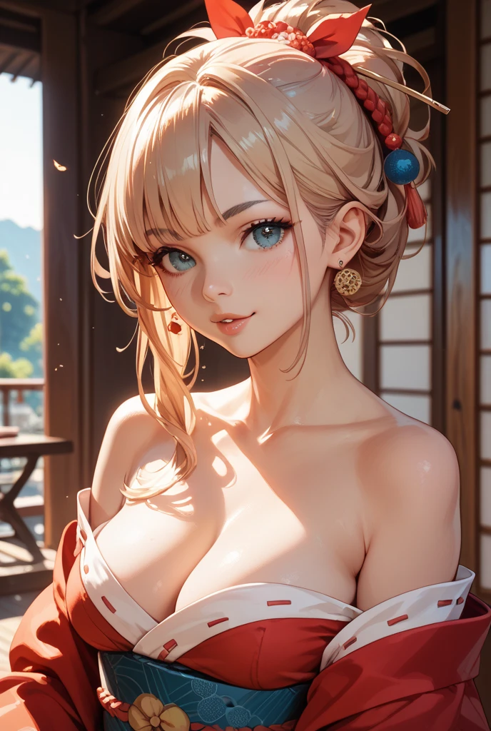 8K picture quality、top-quality、masutepiece、An ultra-high picture quality、ultra-detailliert、Ultra-realistic hair quality、Vibrant colors、Beautuful Women、Beautiful long hair、Shiny hair、detailed hairs、composed々Light hair color、poneyTail、Blue eyes、One small mole around the eye、shinny skin、Lace underwear、Very gigantic-breasts、Sweat on the forehead and cheeks、extremely big ass、Fluffy off-shoulder yukata、A smile、soft pink lips、Ultra-realistic flesh feeling、Red cheeks、summer festival in background
