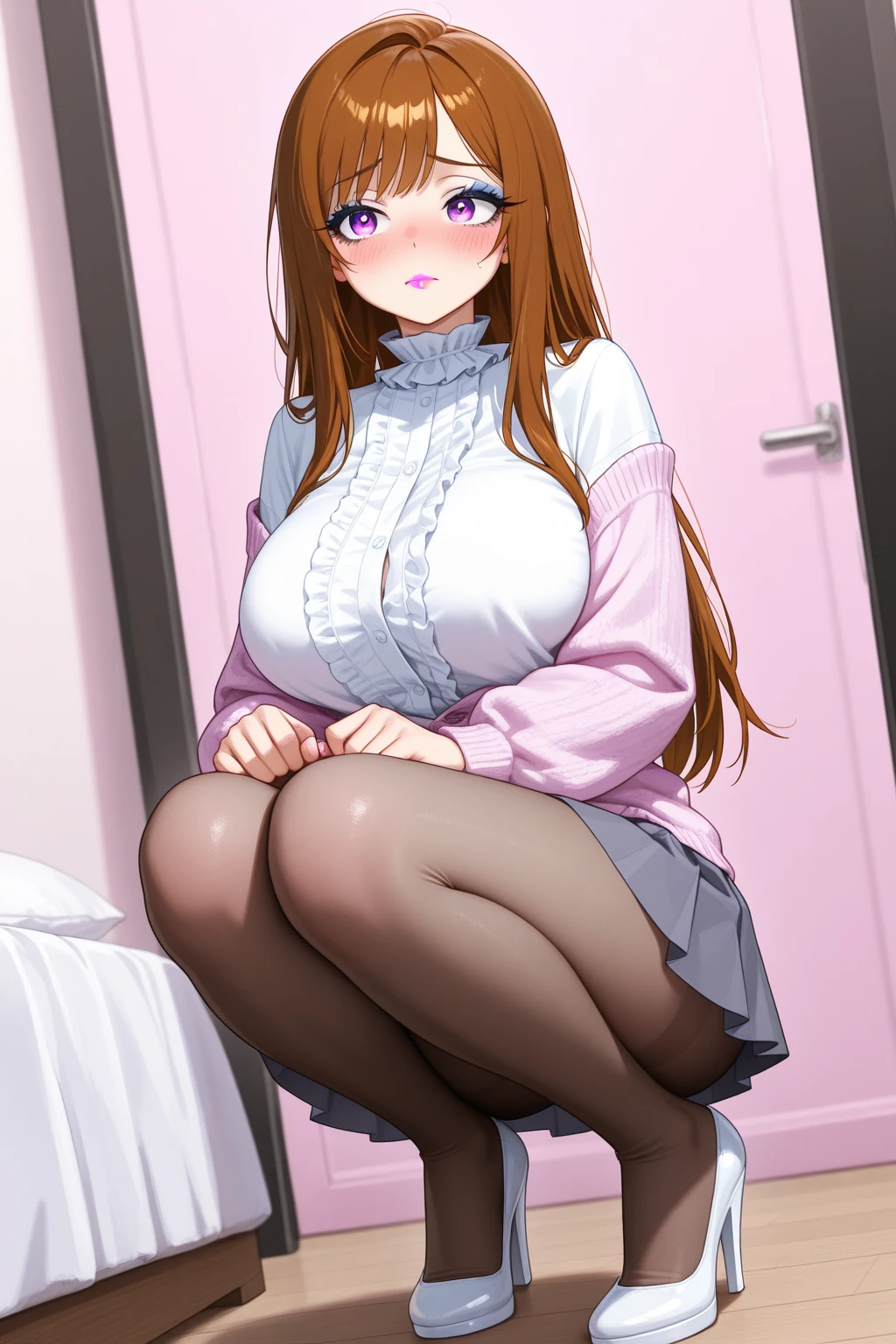 ((nsfw, nude, topless,show off nipple,highest quality,aroused,beautiful busty,beautiful pussy, masterpiece, High resolution)),1girl, solo, Super huge breasts,plump,Whipped thighs,all body, portrait, ahoge, sidelocks, wide sleeves, hair over one eye, ((((nurse,)))),(((pantyhose,spread legs,bitch,,bedroom,sensual pose,garter straps,breasts blowjob,looking at viewer,masturbation,huge nipples,pink pussy,stockings,smail,spread pussy,pubic hair))), long sleeve