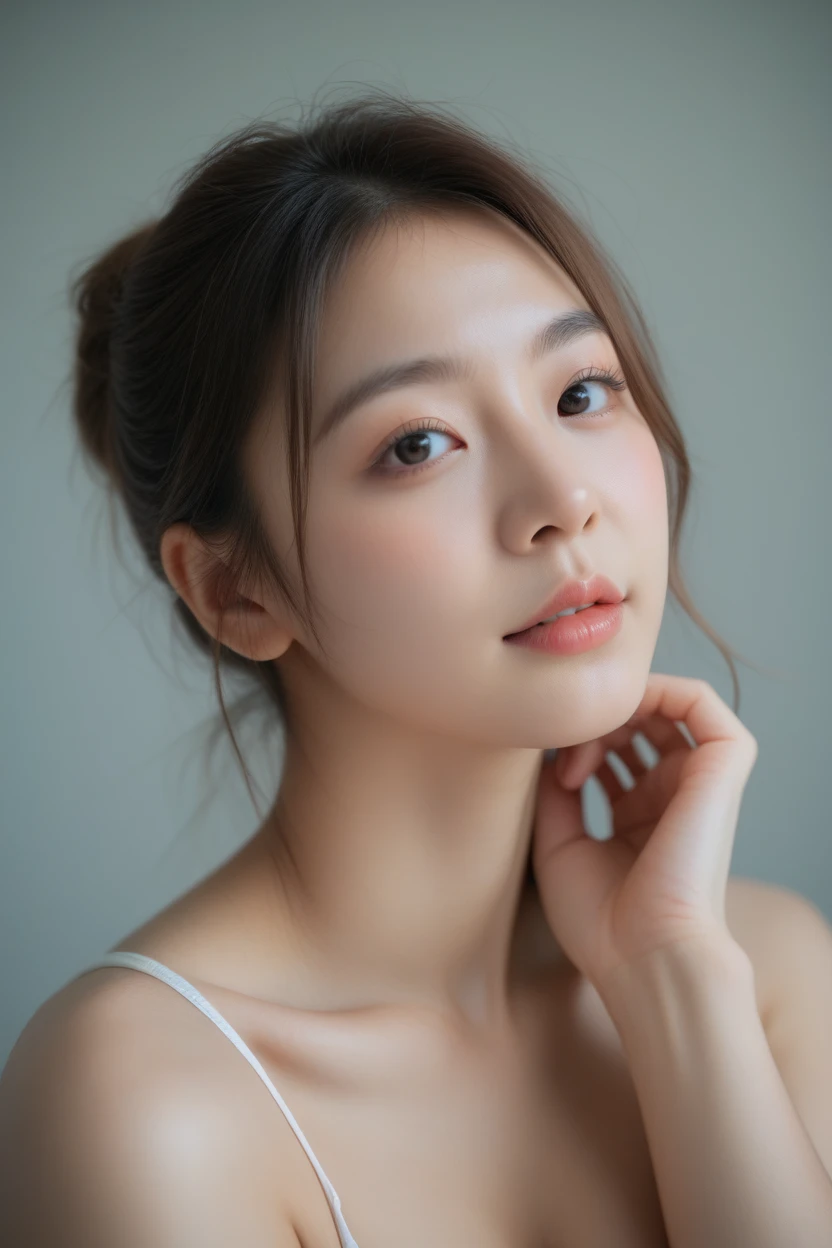 Extreme close-up of beautiful korean female, 34 inch breasts size, wearing polo shirt rest one's chin on one hand on the table in the kitchen, UHD