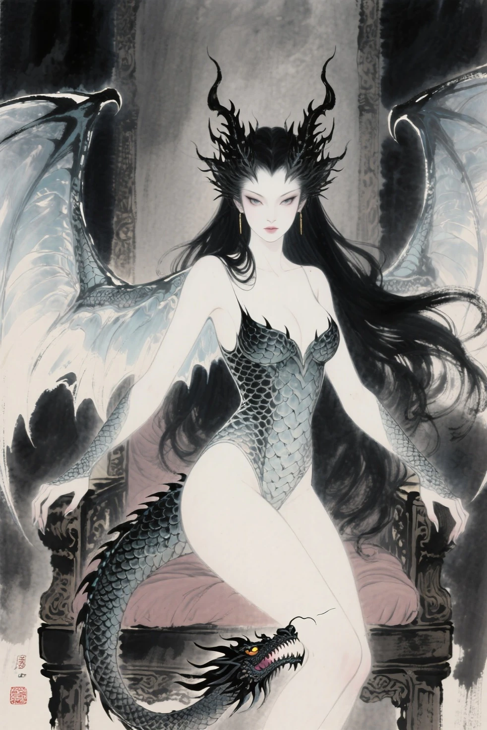 Drawing of a woman, standing next to the dragon, which depicts a woman, dragon in the background, dragon girl,woman riding a dragon, Scylla and Charybdis, dragon of our kind, fan art, Hot Humanoid Woman, inspired by Juliana Sveinsdottir, Half-dragon
