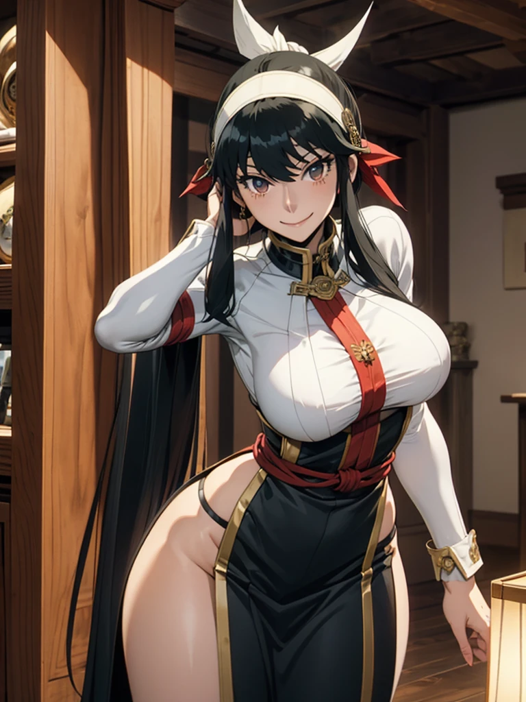 ((upper body, from above side,leaning forward,))close up, (photorealistic:1.3), large breasts, masterpiece, best quality, (intricate details:1.2), (scenery:1.11), solo, face focus, close up, ultra high res, right anatomy, detailed skin, beautiful face, 1 girl,shy,medium breasts,dress, earrings,blue_eyes,pupils sparkling, ponytail,jewelry, very_long_hair, unifor, cyberpunk city background, Rinya, black_hair, braid, black_gloves, black_hair, earrings, gloves, green_eyes, hair_ornament, jewelry,green long_hair, white green military_uniform, hand on chest, hand on waist, hand on ass, hand on hip, looking at viewer,