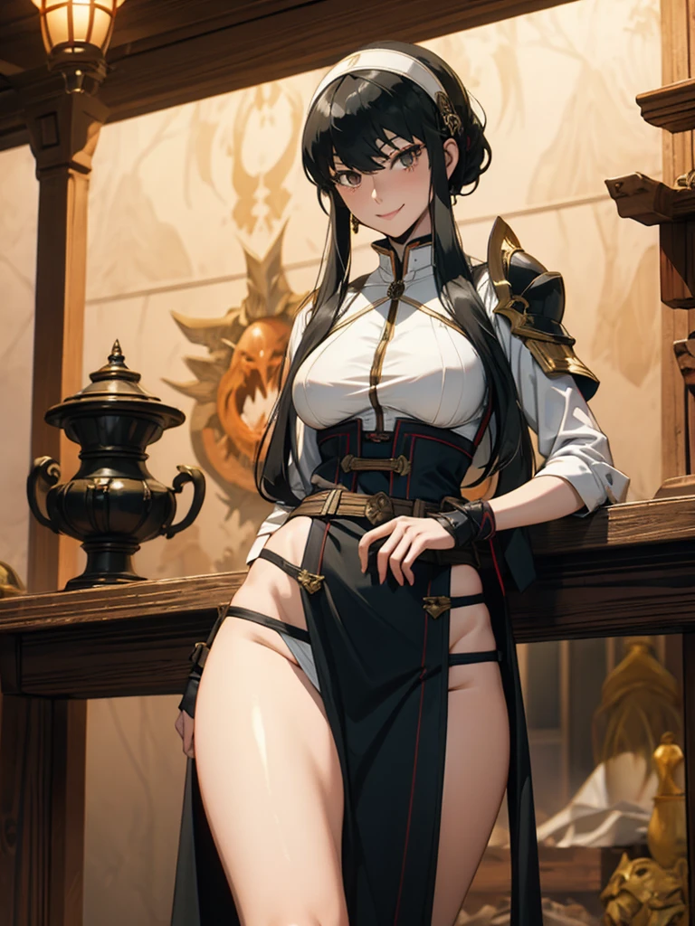 Masterpiece, best quality, red eyes, Tan skin, Supreme arcane, bartender Hylia, Sheikah everywhere, bartender Hylia covered in tavern attire, glaring at viewer, tavern, vintage mutated colors,