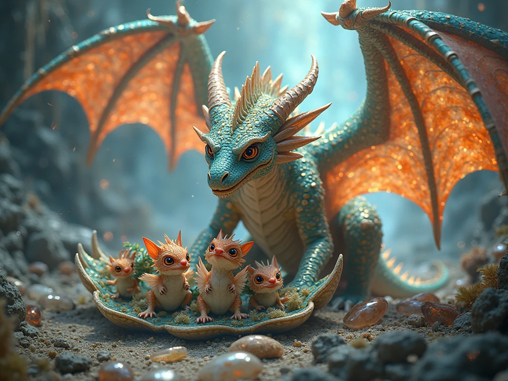 A baby dragon just hatching from the egg in a laboratory. In the background some blurred scientists. The dragon looks fragile, like a snake that has just shed its skin.