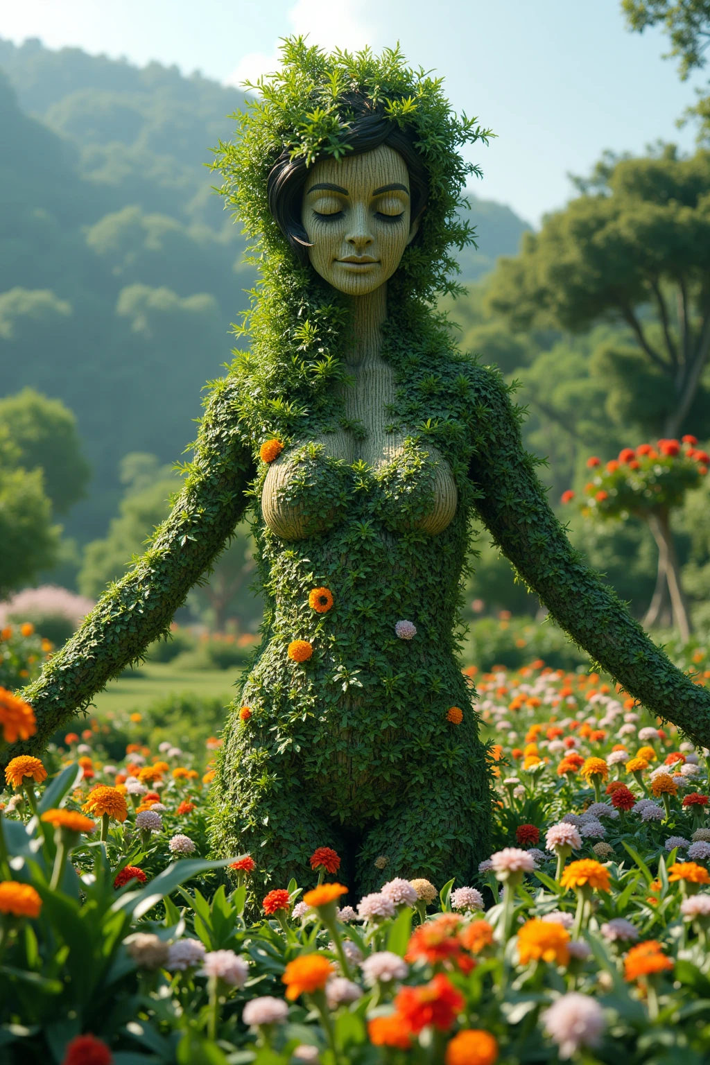 plant sculpture in park square, (Sculpture symbolizes girl), (nature theme park), bright green, pine green, Evergreen, hunter green, (best composition), ultra-wide-angle, octane render, enhance, intricate, (best quality, masterpiece, Representative work, official art, Professional, unity 8k wallpaper:1.3)