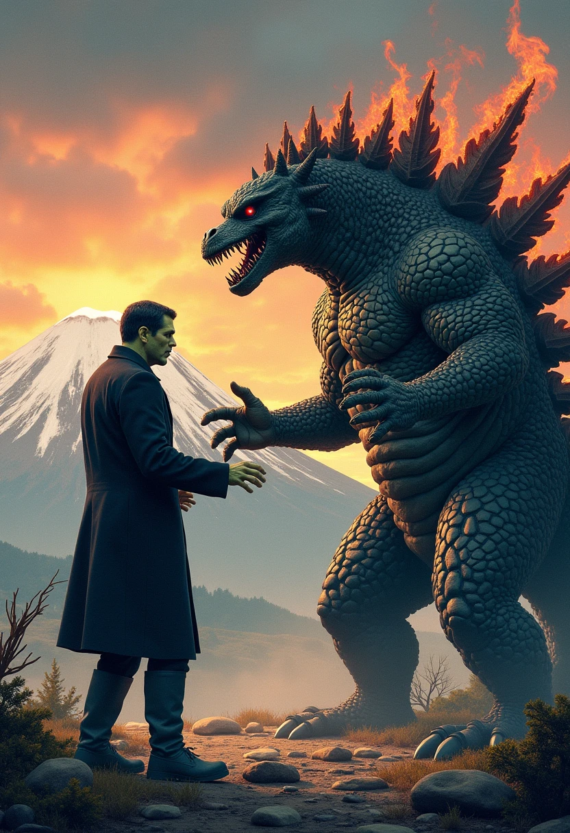 Frankenstein's monster and Baragon are wrestling at the foot of Mt. Fuji