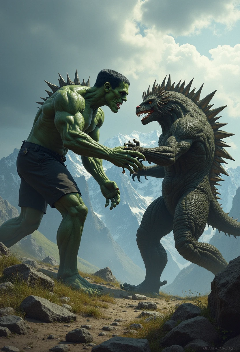 Frankenstein's monster and Baragon wrestle at the foot of Mt.