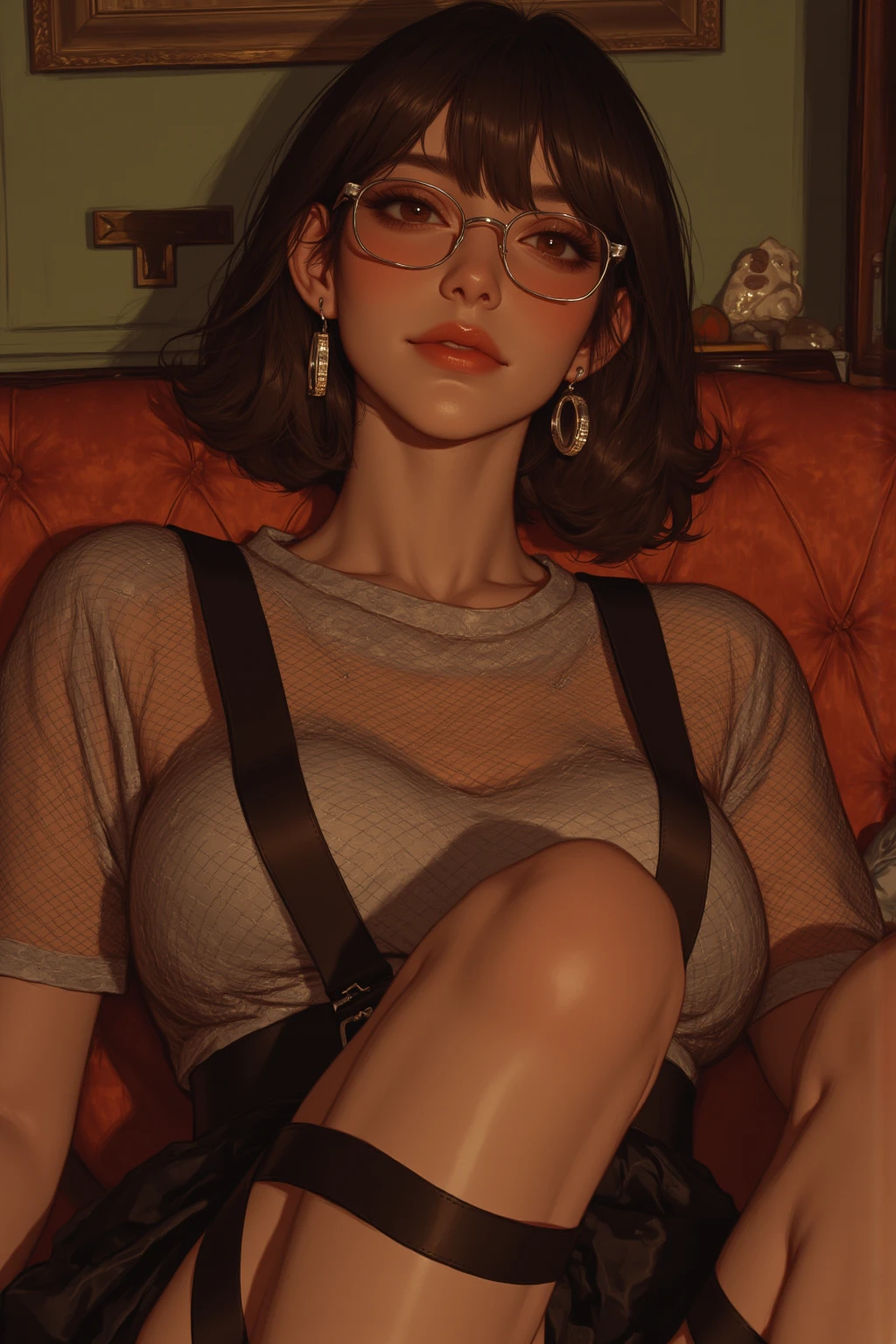 score_9, score_8_up, score_7_up, score_6_up, score_5_up, score_4_up, source_anime, tomboy, solo, (very short hair, pixie cut, brown hair), circle-glasses, cute girl, perfect female body, big breasts, cleavage, toned stomach, beautiful limbs, white Shirt, black bra top, Distressed jeans short pants, She is standing next to the bed, the viewer is holding her on a leash, The chains are held by the viewer off-screen., The lock is attached to the collar., leather collar, padlock, leather leash, submissive, Ecstatic expression, Sweat, Photo realistic:1.5, Realistic Face:1.5, Realistic eyes:1.2, Realistic skin:1.9, textured skin, anatomically correct, high details, high quality