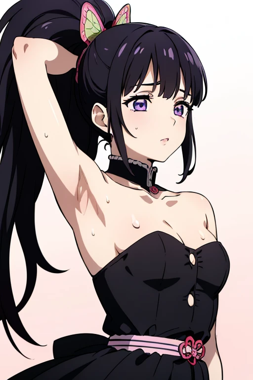 1GIRL,PINK EYES,SIDE PONYTAIL,LONG HAIR,BLACK HAIR,SWIMSUIT,ARCHITECTSWIMSUIT,BELTS,EVIL SMILE,NECKLACE,ELBOW GLOVES, solo, facing viewer, looking at viewer, upper body, smile.