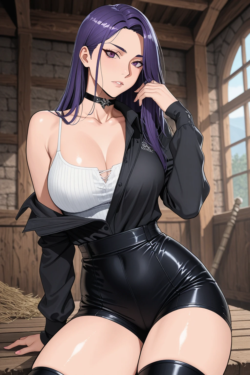 Masterpiece, high definition, high quality, detailed face, detailed body limb rendering, 1girl, solo, Hinata Hinata, Hinata sleeveless clothing, room,, sleeveless shirt, fishnet garment, dark lips, unzipped jacket, no bra, breasts out, standing, blush, , stockings, transparency