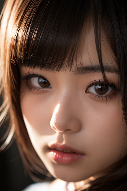 (((Extremely detailed、Ultra-high resolution、masterpiece、Highest quality)))、顔のUltra-high resolutionクローズアップ、long, straight black hair、So that every single hair is clearly visible、The subtle color changes of hair depending on how the light hits it、 The skin is white and smooth、Skin has a natural glow、Fine skin texture、Representing the fine details of pores、Details of the light redness on the forehead and cheeks、The eyes are almond-shaped and dark brown.、Eyes with fine iris details、The eyes depict color gradations and patterns.、Long, natural-looking eyelashes, each and every one visible、Well-groomed eyebrows、眉毛のindivual々The hair is clearly visible、Light reflecting off into the eye、The light in the eyes creates small highlights、The nose is delicate、Fine detail on the nostrils、Lips are plump and naturally pink、Depicts the fine lines and soft curves of the lips、lips are shiny and、The gloss on your lips accentuates their shape.、(((Detailed depiction of lip texture、Particular attention to the depiction of light and shadow、Soft natural light gently illuminates the face from the front、A faint glow on the forehead、A slight shine on the nose、A slight glow on the cheeks、Shadows are cast softly along the contours of the face、Accentuate the sides of your cheekbones、Accentuate the sides of the jawline、Emphasize the sides of the nose、The gloss on her lips reflects the light faintly、Lips emphasize the plump texture、The shadow of the hair gives depth and dimension、indivual々The hair shines in the light、The background is simple and blurred.、Focus on the face 