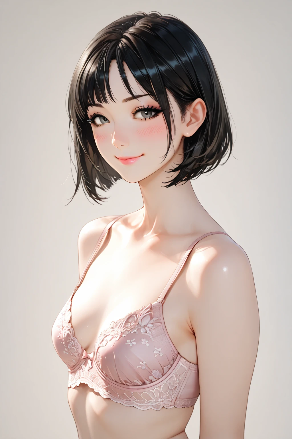 Realistic, super photo realistic illustration, hight resolution, ultla detailed, (absurderes,absurderes),(blush:1.3),(High detailed skin:1.4), Glowing eyes, Goddess, Shiny skin, beautifull detailed face, Real skin texture, Expressive eyes, luscious lips, Glossy lips, Natural makeup,Good Hand, Perfect hands, A very beautiful woman is standing,(Full body:1.3), Medium chest, 
BREAK 
1girl, Black hair, Layered Bob ,(asymmetrical diagonal bangs:1.2),Blue eyes, 
BREAK
((She is wearing a magenta colored bra with white lace:1.3)), Lace garter belt, Lace thighs, Looking at Viewer, 
BREAK 
(White background:1.2)