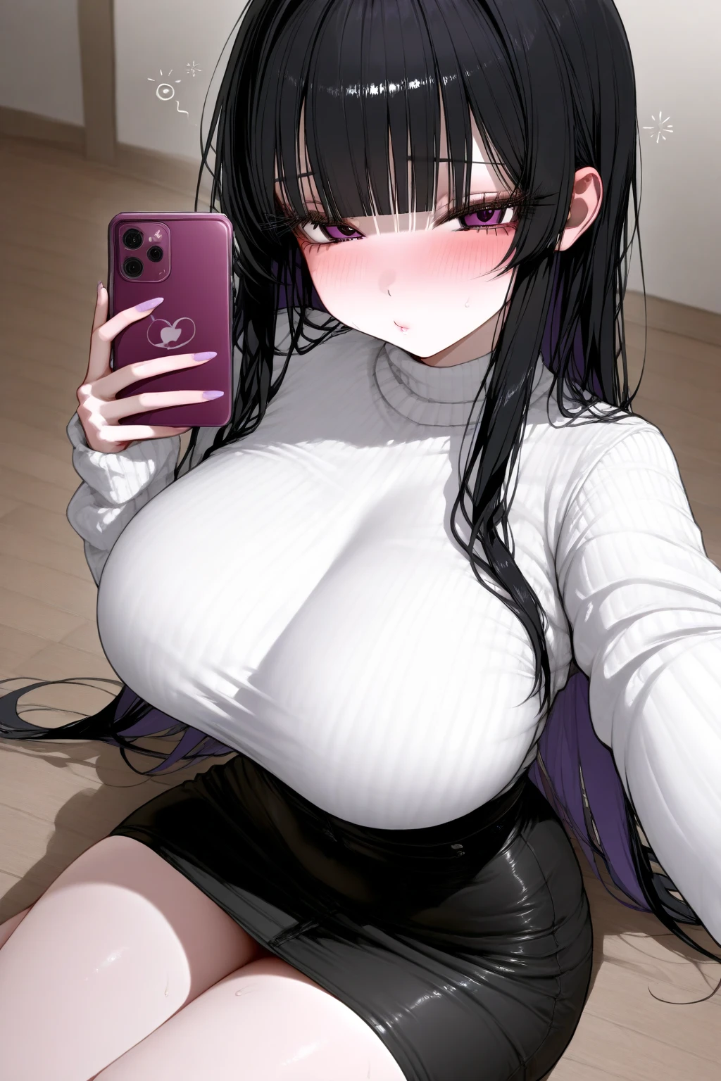 (asura art style:0.7), score_9, score_8_up, score_7_up, score_6_up, uncensored, YamashiroRen, long hair, black hair, blunt bangs, hair ornament, purple eyes, BREAK (masterpiece:1.2), best quality, high resolution, (beautiful detailed eyes:1.3), perfect lighting, (perfect hands, perfect anatomy), hearts, pleasured, huge breasts, 1girl, phone, mask, solo, mouth mask, breasts, cellphone, holding phone, smartphone, pants, holding, covered nipples, selfie, black pants, open clothes, high-waist pants, cardigan, looking at viewer, brown cardigan, jacket, gradient background, crop top, glasses, sunglasses,