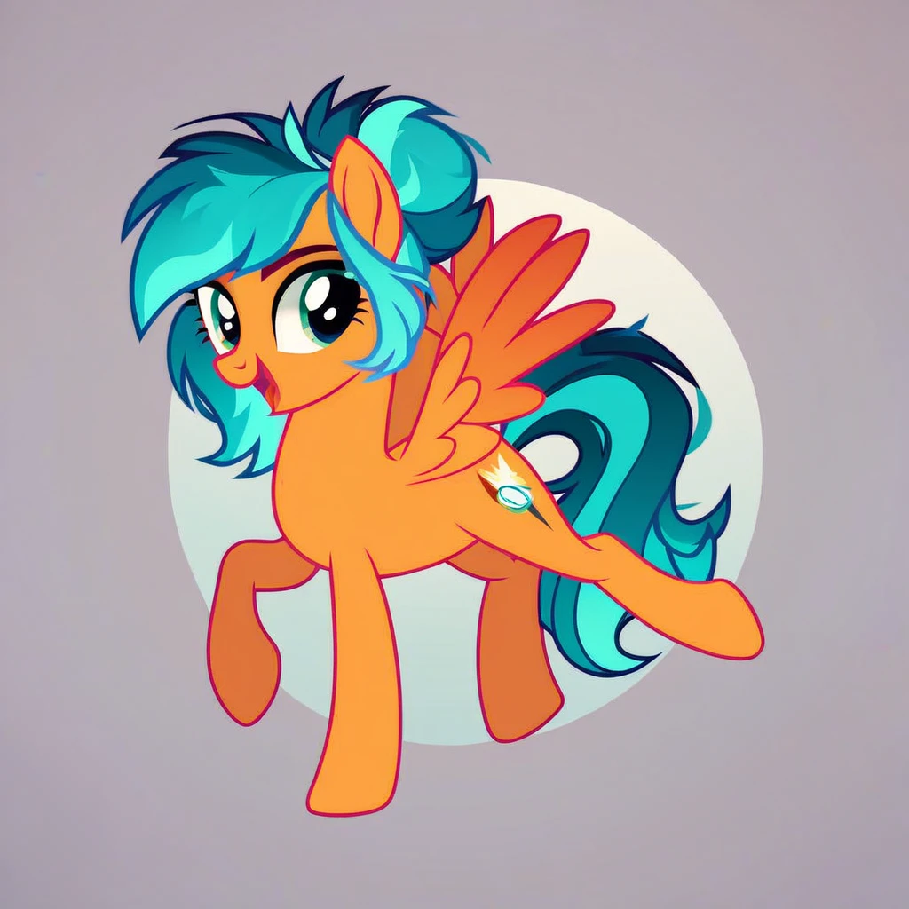feral pony, portrait, ((sky)), ((cloud)) (masterpiece), (raytracing), (cinematic lighting), triadic lighting, High Definition, light particles, (shading), ((((smooth gray fur)))), clear eyes ((shiny gray coat)), (((glowing clear eyes))), ((pony)), ((long orange hair)), ((four hooves)) female, mare, {my little pony}, ((orange tail)), (((cute))), ((detailed eyes)), ((two eye's)), ((one purple eye)) ((one yellow eye)), midnight, ((brown shirt)), (((brown baseball cap))), ((blue collar)), ((((red highlight's)))), ((((yellow highlights)))) ((3 colour's in hair)), ((smile)), ((small body)), ((filly)), ((((flying)))), pegasus, mauve feathered wing, (((back wings)))