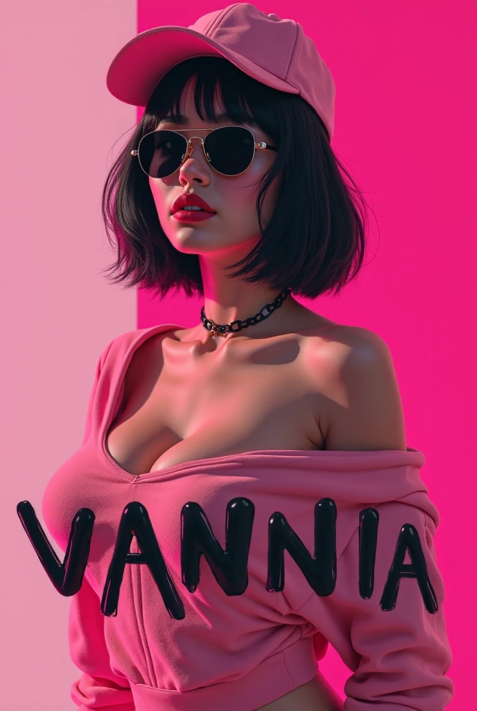 brunette woman green eyes, pink plump full lips, lip piercing, long black hair, seductive look with a tattoo on the shoulder that says David, big breasts, is shopping