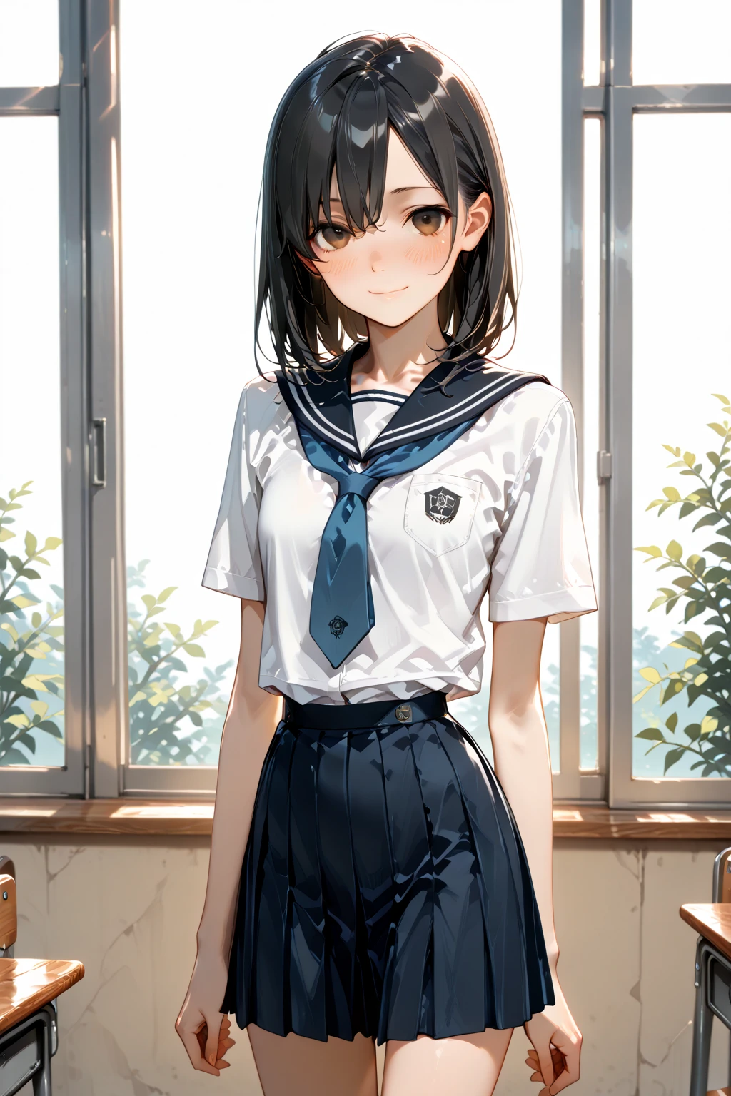 very cute and beautiful girl,(Very detailed美しい顔), (smile),blush,Black Hair,Seraphim,(Pleated navy blue mini skirt),Are standing,(From below),(Lacy white panties), Wooden classroom,window,Distant Tree々and the city, (Highest quality,masterpiece:1.0),Absurd,High resolution,Super detailed,Very detailed,32k,8K resolution, Intricate details,Movie Scenes,Detailed Background,alone,Dynamic Angle,