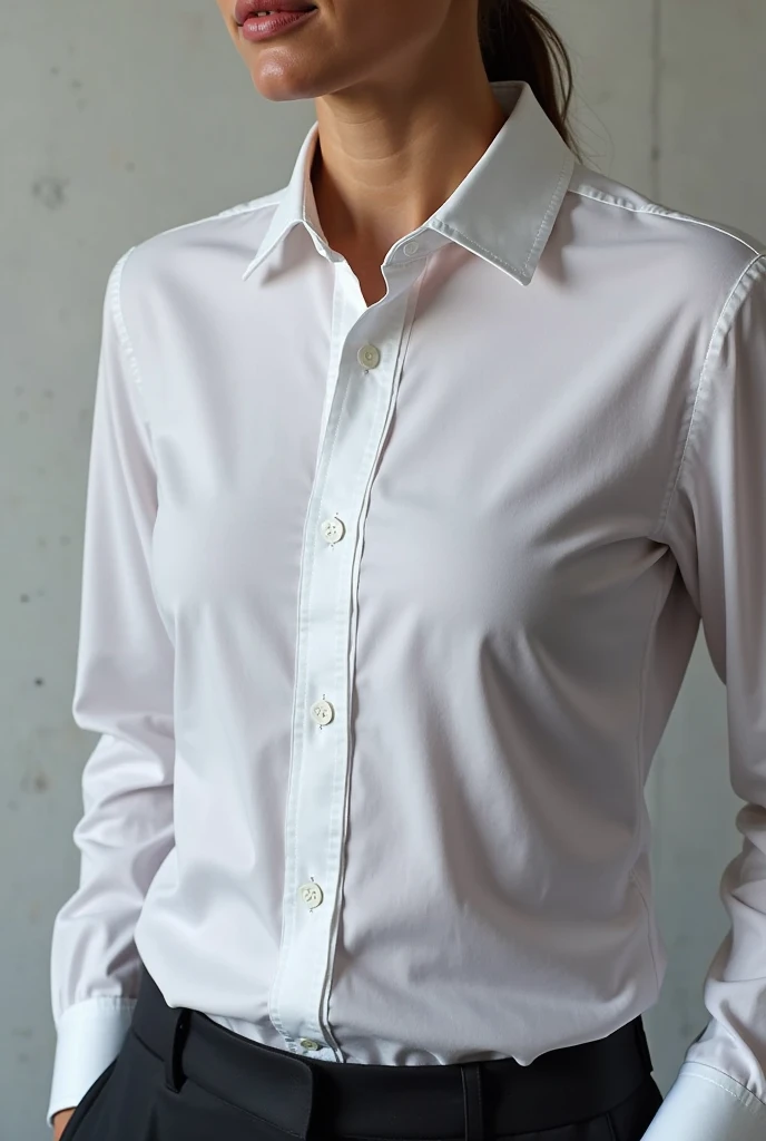 clothes: grey turtleneck underneath a white long sleeve button up