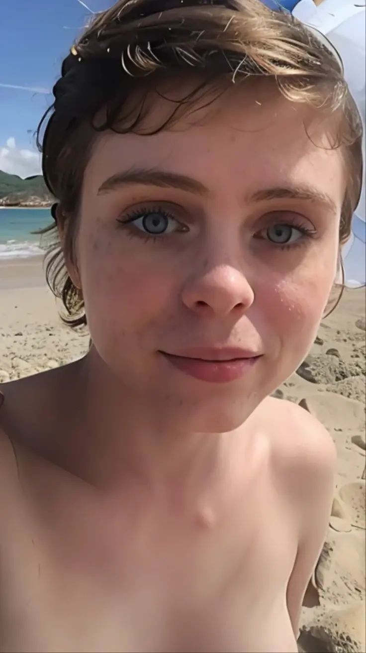 Sophia Lillis naked coming out of the water,bare chest, waves hitting your feet, freckled face,whole body, lying in the sand, legs open, Looking to the future , taking a selfie, wet, drops of water running down the face,short hair,cabello wet ,pink nipples, freckles on the chest,visible ribs, muscular ,Delgado, Skinny, hairy vagina ,