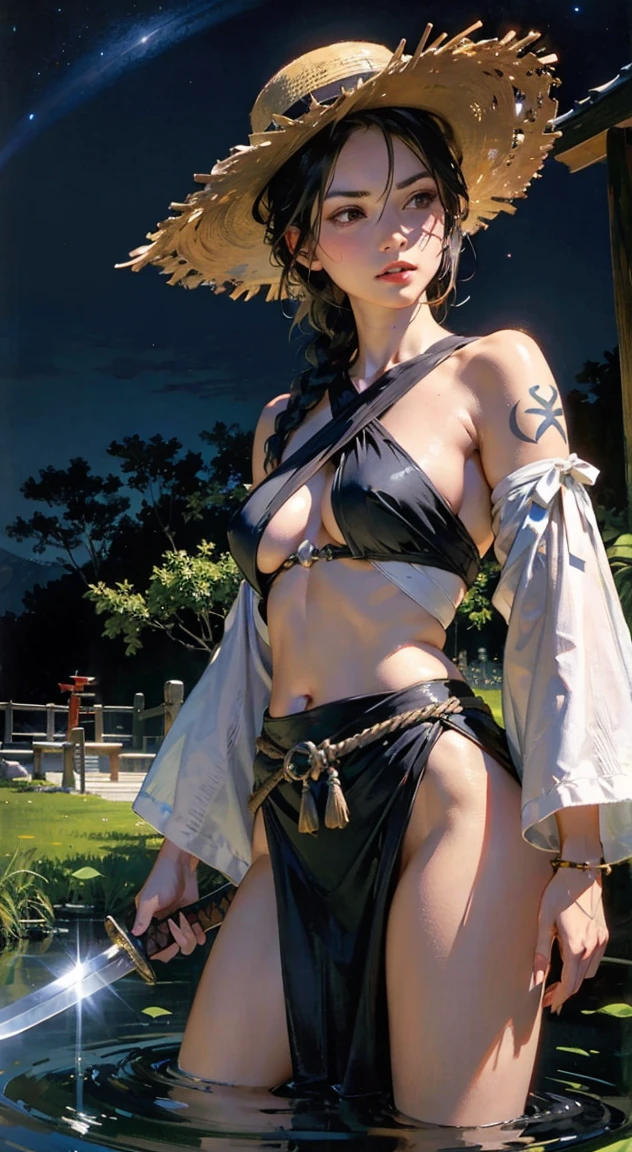 photorealistic, dynamic pose, portrait, high details, 1girl, innocent, delicate face, ((pale skin):1.2), skinny body, ((holding a jade knife):1.2), ((tribal tattoo):1.4), (headband):1.2, (long hair):1, ((modern formal kimono, huge rope belt, linen short shorts with open sides), (linen thigh highs)):1.2), panty visible, (small waist):1.3, ((wide thigh gap):1.3, (wide thighs):1.2), masterpiece