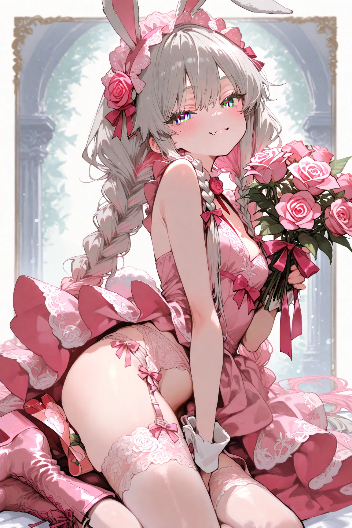 (masterpiece), (best quality),
make up, blush, earring, heart, high heels, 1girl, flower, bow,