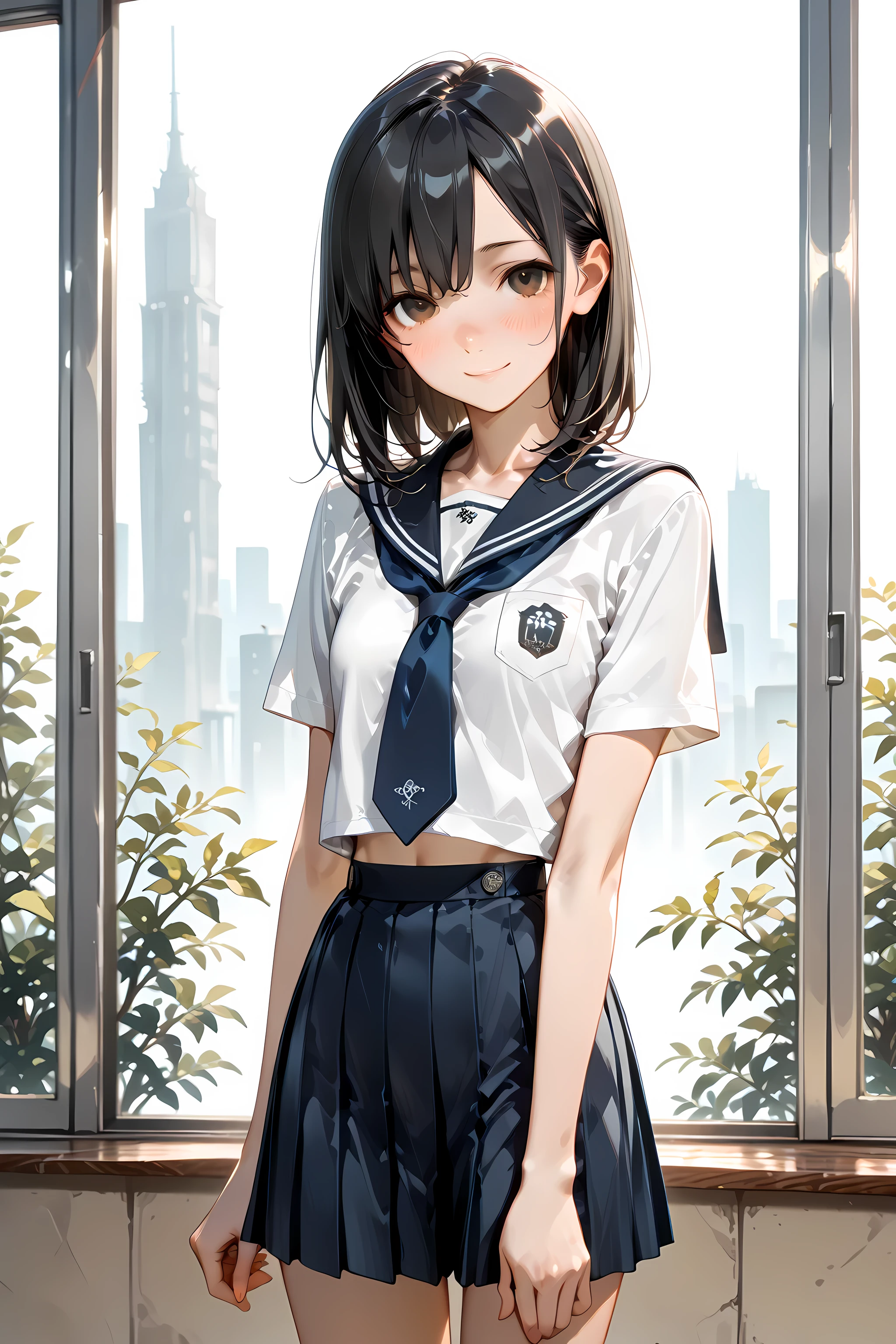 Pretty, beautiful, masterpiece, 4k, high quality, detailed illustration, solo, 1girl, (skinny), school uniform, (cute), (sweet), (soft), gentle, delicate, black hair, brown eyes, slight blush, slight smile