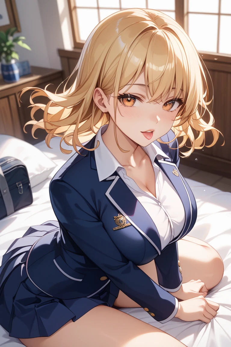 a beauty girl,girl with,a smile,Beautiful uniform jacket.,Ribbon on uniform、premium,Masterpiece,colossal ,ultra high resolution,multicolor fur,Excellent style,perfect facial features,a beauty girl,modeling,girl,long,Masterpiece,a bed,loose socks,
