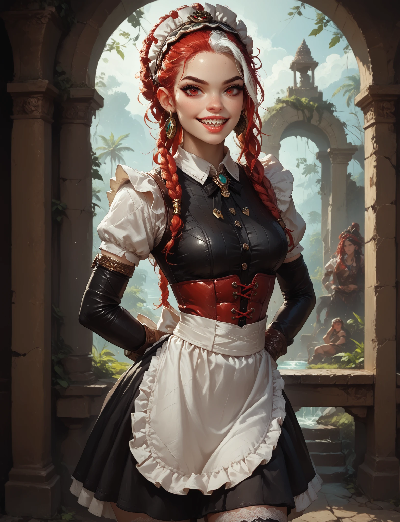 Earnest expression. Slender body. Lean body-type. Marble-White skin. Fair skin. Cute 18-year-old Aztec and Indonesian girl with Asian red eyes and unnaturally sharp teeth and dreadlocks (bi-coloured hair: white and red hair; white highlights in her hair). Small head. Intense red eyes. Sharp and shark-like teeth. She has a cute and beautiful face. She has a cute and broad nose. She has a round and young face with a pointy chin. Her body is athletic with abs and A-Cup. She wears an intricate, shiny, black leather maid-dress with tight-laced red corset (Spanish-style) and a maid-headband. Background: medieval jungle ruins. Looking at the viewer. Drawn like the artist Bob Kehl.