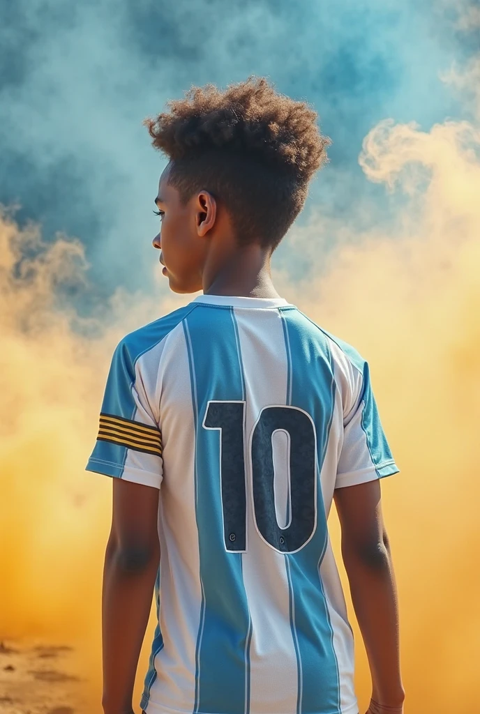 A boy in argentina football jersey looking back and jersey number 10 name mahir and dressed white boy standing in the gallery inside the stadium