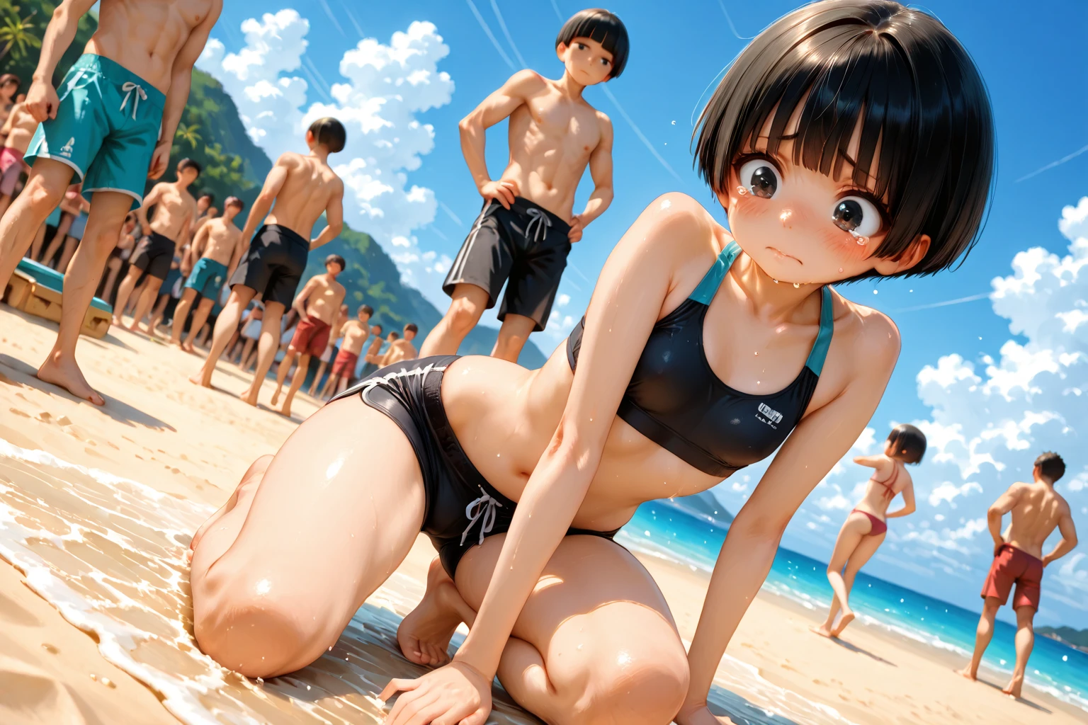 ((Perfect ???????)))、masterpiece、Highest quality、Very detailed、(masterpiece、Highest quality)(Very detailedイラスト)(Official Art)(Ultra high definition)、(Perfect body))、whole body
（Beach）
Focus on girl with bob cut and blunt bangs、(A girl in a silver erotic micro bikini with thin nipples:1.3)
(Small breasted girl:1.4)、A mature 15-year-old、Baby Face、Woman facing forward、(（ 2 males、1 female:1.5）)、((((Standing between two men,A man hugging and caressing a girl&#39;s torso and groin: 1.5))))
（Large man、A man wearing a swimsuit with his ????? sticking out）
（Shy girl blushes:1.3）
((((The faces of both men are out of frame:1.5))))
、Male caressing girls、
((男性 are out of the picture:1.4))、((Characters other than the girl are blurred.:1.4))
