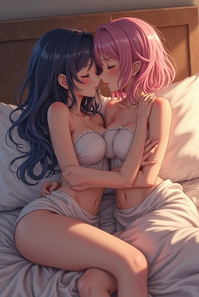 Two girls kissing, Plump breasts,Hug together,legs separated,Reveals translucent white lace panties,is shy,On the bed in the hotel,Sweat profusely,Enjoyed the look,Pink and purple hair,legs separated,Revealing translucent pink lace panties