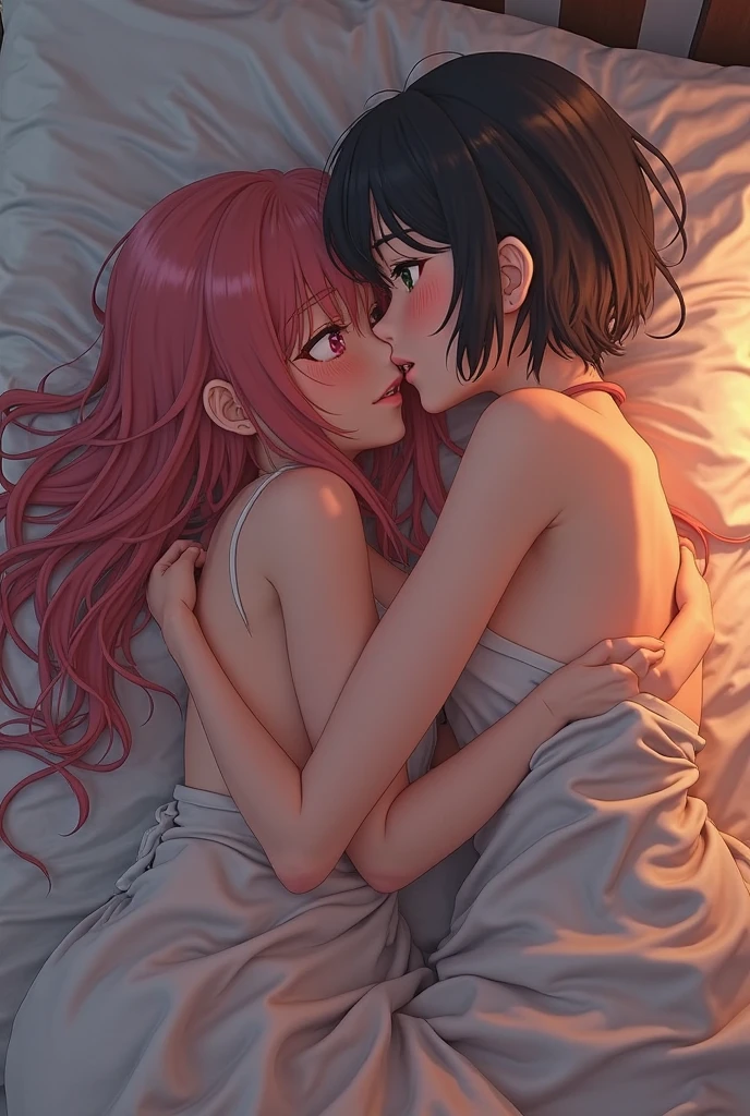 a couple kissing on a bed, a male and female kiss, kissing together cutely, kissing together, lovely kiss, kiss mouth to mouth, kissing each other, embrace, landscape
