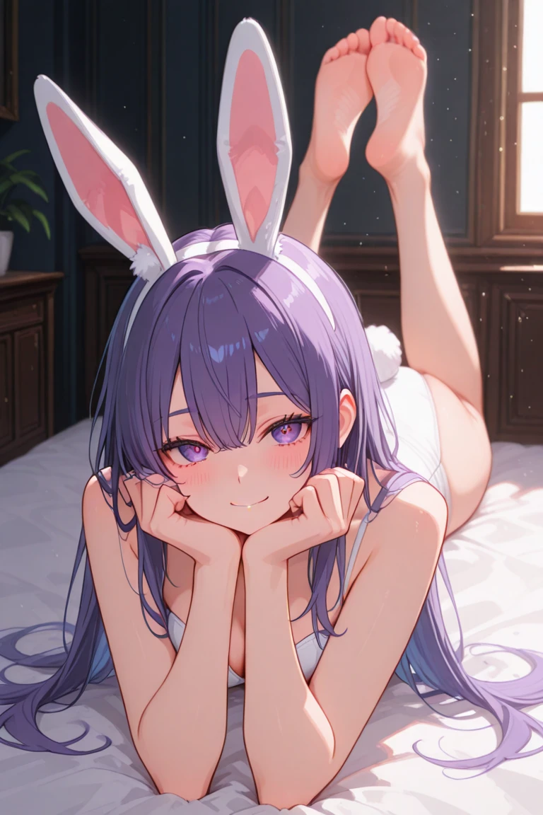 Close-up,Highest quality, Ultra Detail, High-quality CG rendering, The most delicate and beautiful, Floating softly, High resolution, (1 girl), (Highest quality,4K,8k,masterpiece:1.2) ,Light purple hair,(Bunny ears:1.5),(Hair in a bun:1.4),Red eyes,(Completely naked:1.5),room,Upper Body,Collapsed in bed,Defeated,,(Slightly larger breasts:1.2),Sleep,Are sleeping