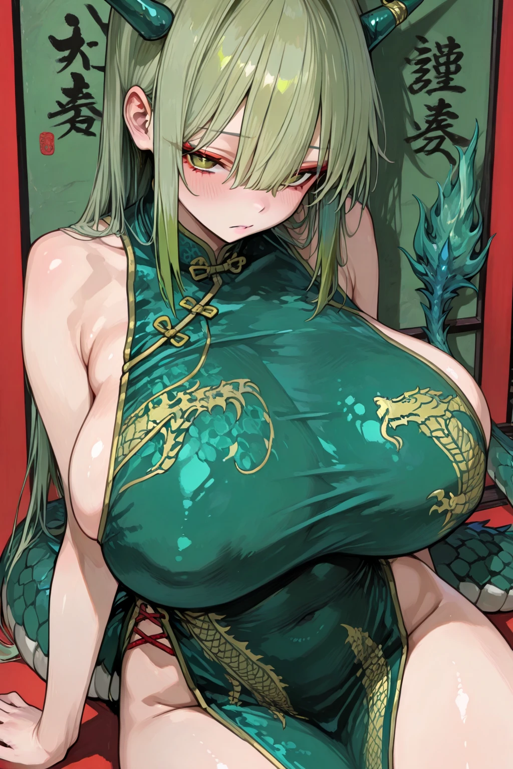 ,1girl, 1boy, paizuri, penis between the breasts, breasts squeeze together, naughty, , a monster girl , caterpillar girl, cleavage, areola slip, naughty face, leaves, sweat, pubic hair , caterpillar head