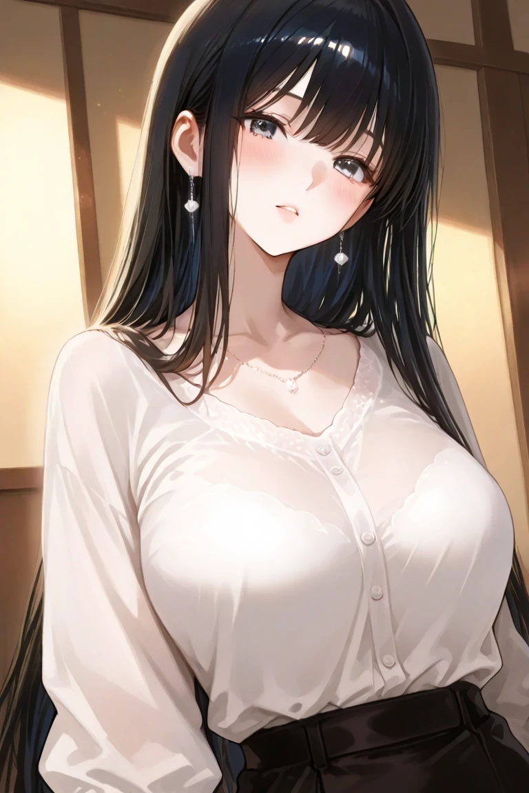 big breasts, (looking away:1.5), side angle, surprised, open mouth, Upper Body, Realistic, real person, (pale skin: 1.2), shiny skin, shiny hair、(A 30-year-old woman with straight hair and bangs) and (medium hair) and (black hair) and (purple eyes) , (white:1.5) and (Off-the-shoulder blouse) and (long sleeve)、Are standing、The background is outside、Alone、