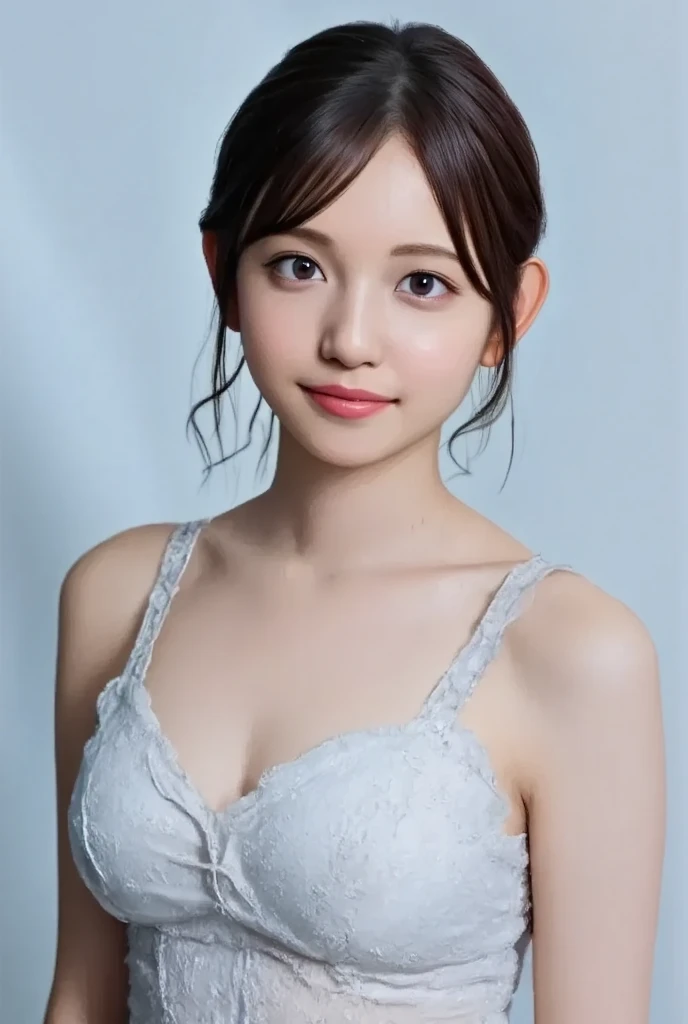best quality, photorealistic, 8k, high res, 1girl, woman, (skindentation), (portrait:0.6), gorgeous, ((whitebackground, sport bra, small breast:1.65)), (short wavy hair, parted bangs:1.6), looking at viewer,  (1girl eyes looking at viewer:1.6), photorealistic, (bokeh), (floating hair, smile:1.3), gorgeous, pureerosface_v1:1,   <lora:av-rena:0.45>