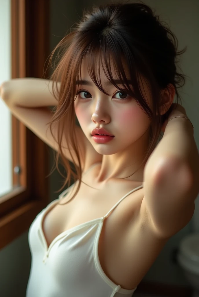 (best quality,4k,8k,highres,masterpiece:1.2),ultra-detailed,(realistic,photorealistic,photo-realistic:1.37),portrait,girl,cute,a Korean actress,smiling face,beautiful,bright eyes,delicate nose,soft lips,smooth skin,Canon EOS camera,professional lighting,close-up shot,tank top,stylish hair,ramen shop,authentic interior,cinematic mode,8K resolution,vibrant colors,artistic composition,modern atmosphere,warm lighting effect,crisp details,subtle shadows,immersive experience,high contrast,creative perspective.