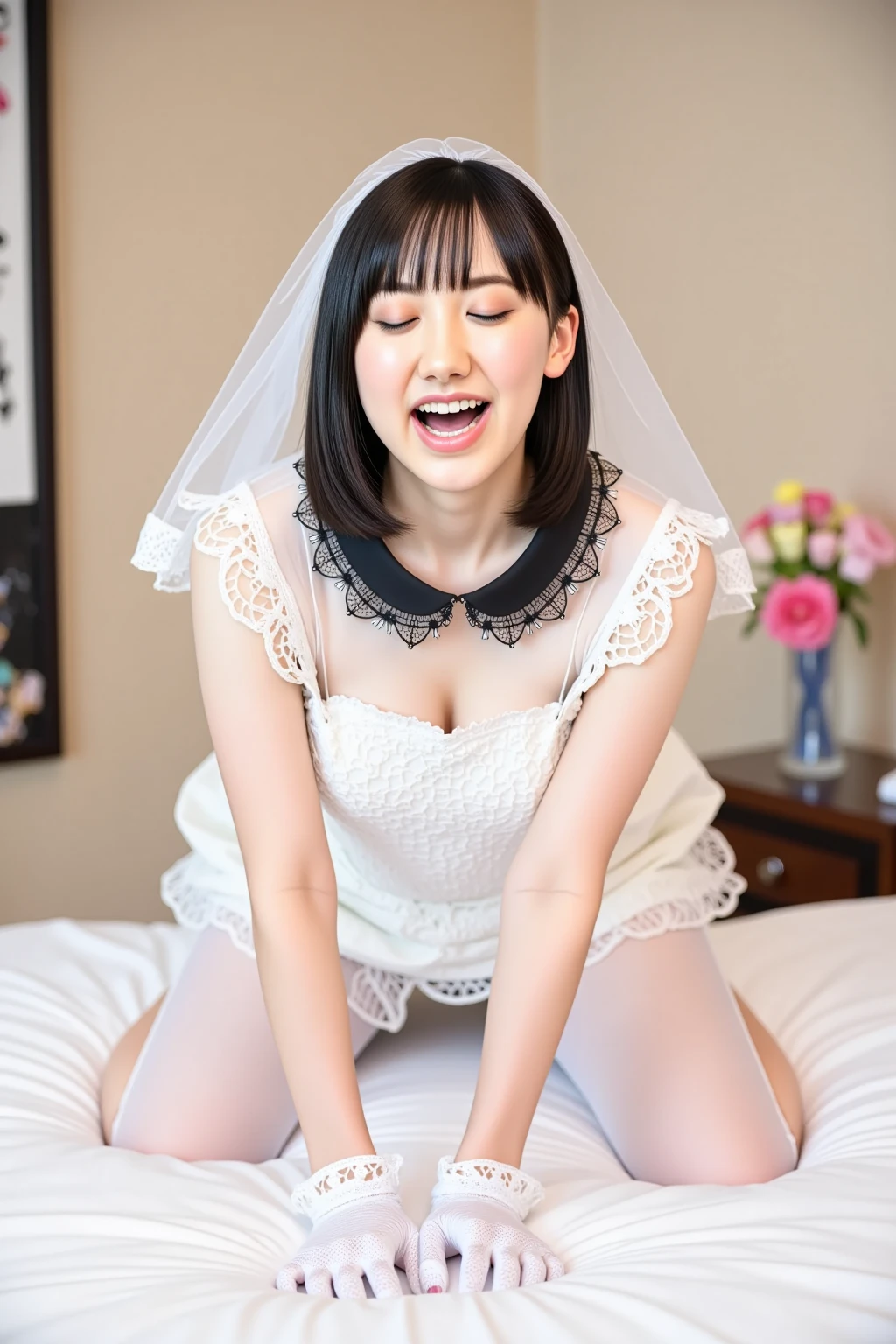 (8k, RAW Photos, highest quality, masterpiece: 1.2), (Realistic, photo-Realistic: 1.37), Very detailed, 1 girl, cute, alone, beautifully(smile: 1.1), Medium chest, Beautiful fine details, (short hair: 1.2), wedding style、see-throughdress、longsleeve、whiteglove、open crotch lingerie、squatting,spread legs、Wedding Veil、tiara、skirt lift