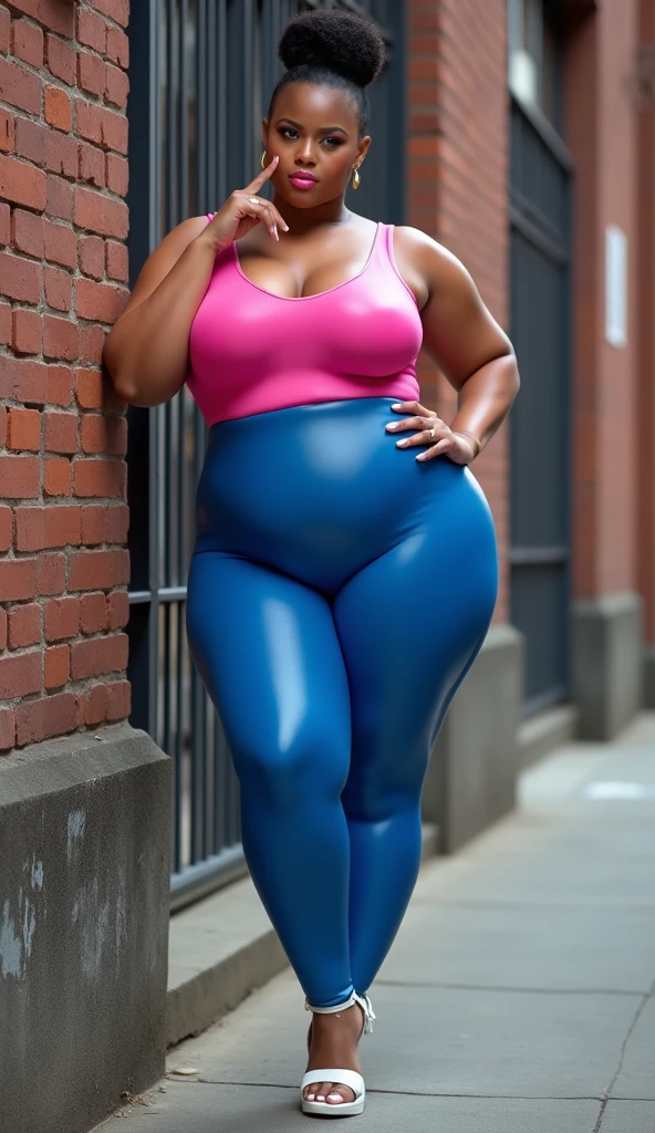 (half-body-shot (front shot):1.3),(Detailed face:1.2), (Detailed eyes:1.2), ultra-detailed, 1girl, solo, Latina, 42-years-old, milf, mature female, (dark-skinned female:1.5), long black hair with purple highlights, amber colored eyes, mascara, purple eyeshadow, purple lipstick, (Wearing: black tank-top, shiny purple leggings, sneakers:1.2), looking at viewer, wide smile, thrilled expression, teeth, sultry, sultry face, Oversize, Overweight, thick lips, (plump figure and wide frame:1.3), medium breasts, sagging breasts, fat rolls, belly rolls, muffin top, big deep navel, tight out, love handles, wide hips, wide waist, wide load butt, thick thighs, walking down the streets of Los Angeles.