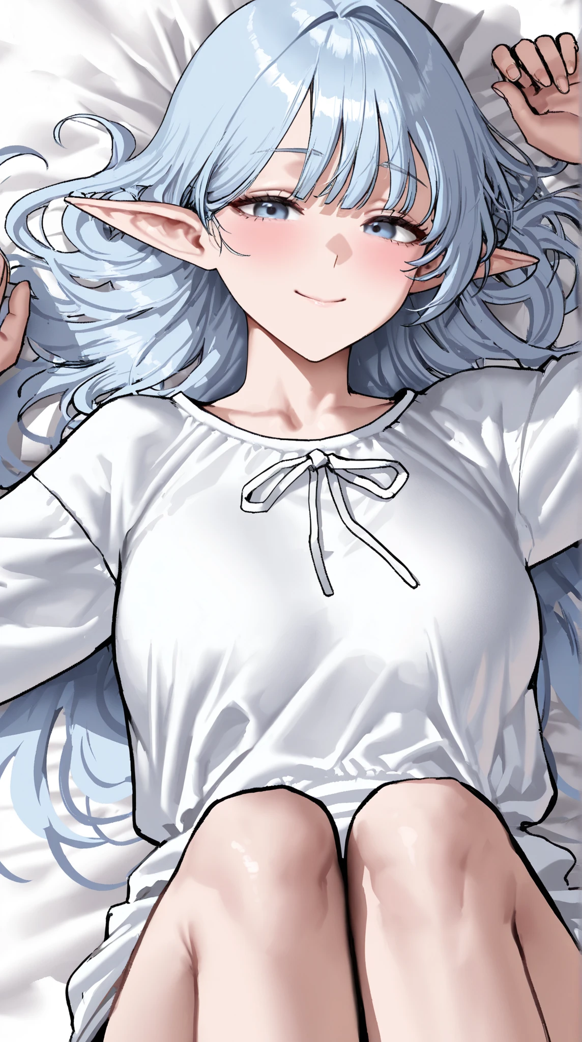 beautiful, masterpiece, Highest quality, anime, One girl,Portrait Shot, View your viewers, Covered、Long Hair、nearby、Blue Eyes、art、White hair,black streaked hair, dark atmosphere、Thighs、Braid、white_T-Shirts、Light purple bikini、Pool、Bright、smile、Lying on your back