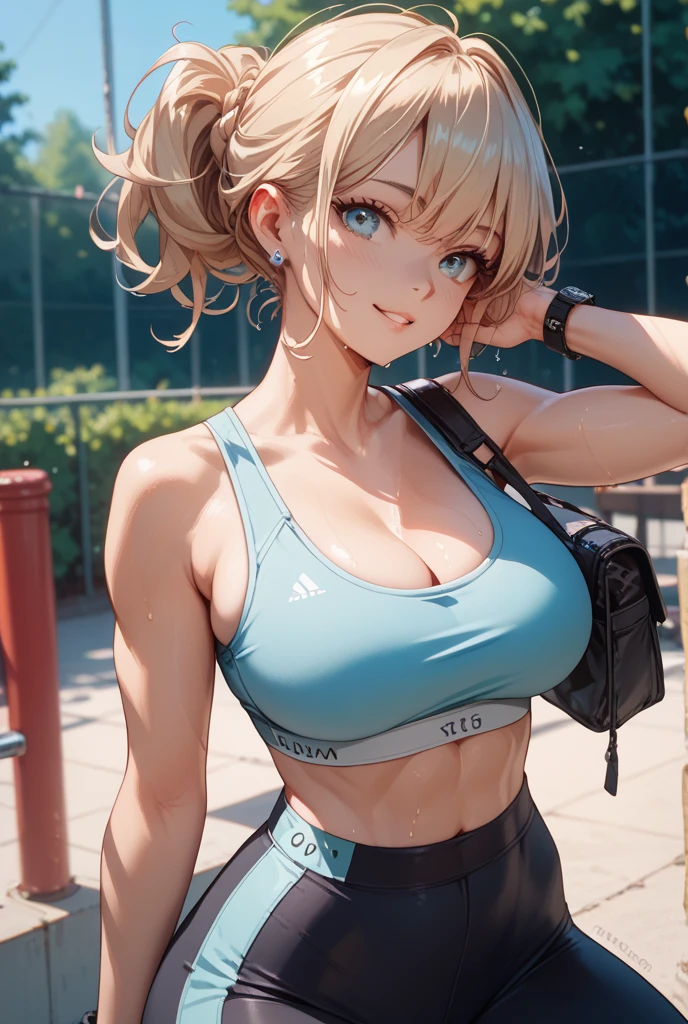 (masterpiece:1.2, Highest quality), (Realistic photos), Beautiful illustrations, (Natural side lighting, Cinema lighting),(1 girl), Japanese, 20-year-old female, Perfect Face, Symmetrical cute face, Glowing Skin,Blonde、Bun Hair、nape undercut、Dark blue eyes, (Huge breasts:1.1), Slender build、Beautiful Hair, Beautiful Face, Fine and beautiful eyes, Beautiful body, Beautiful breasts,(Sports Bra、Sports shorts),Arena、smile、Blushing、stand、(My whole body is wet:1.1)、peace sign