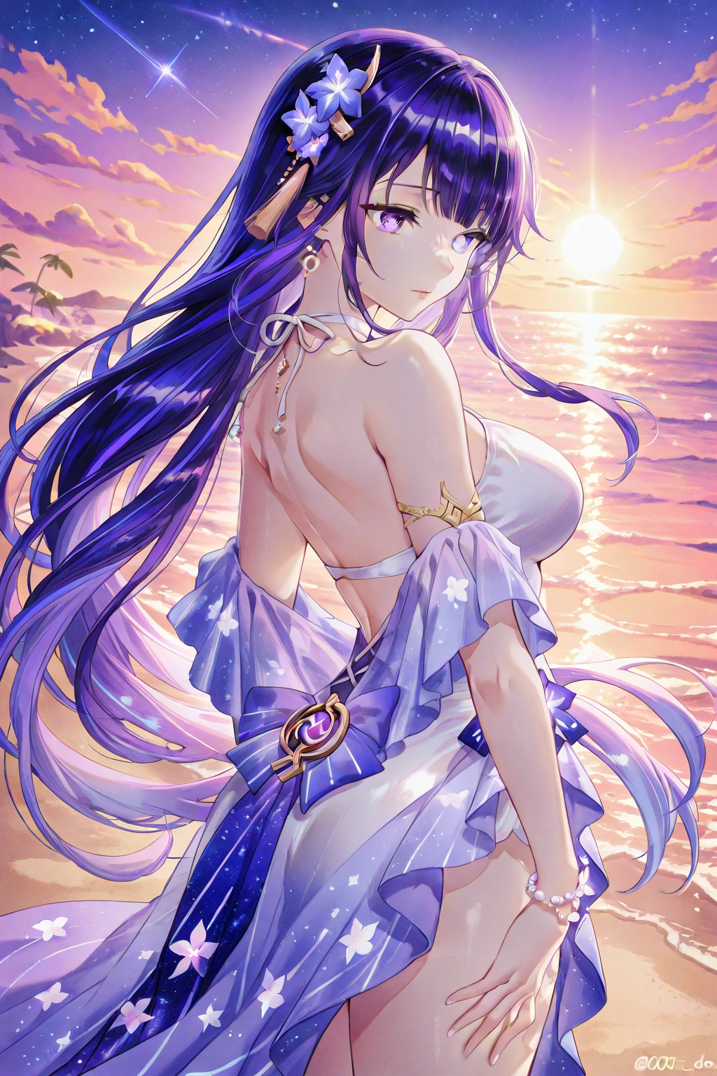 masterpiece, Highest quality, Super Resolution, 8K, 15-year-old female, Purple long hair, Handsome face, Big Eyes, A simple white mini dress,(( Exposed chest)), ((No bra, No underwear)), Spread your arms wide, Greek statue of Athena behind
