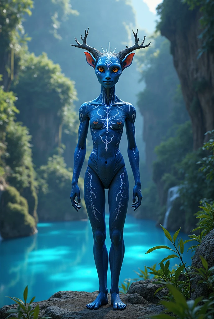 Be fantastic with textures on the skin, bright blue color, with long arms and legs, with a beautiful but not human face
