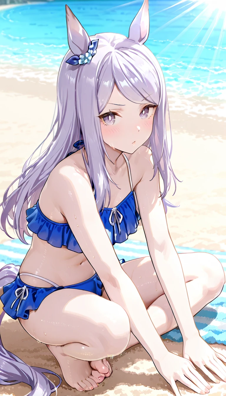 score_9,score_8_above,score_7_above, alya, light smile,Alone, long white hair, medium chest, wearing a sexy purple ruffled bikini, resting in the sand, back view, looking back, Stretched legs,Feet together, near the sea, legs in the sea, perfect ends, enlarge legs, bigger legs