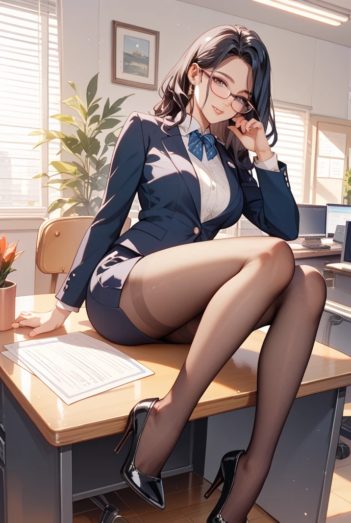 Browsing Caution, アニメ、Attractive office lady,28 years old,Black Hair,Medium Hair,Brown eyes,Highest quality、Unity 8k wallpaper、32k、masterpiece、Ultra-detailed、Ultra-high resolution、Natural Light、(Very detailed and complex)、Beautiful face and eyes in every detail、Sharp pupils、smile、High heels、Woman in skirt and shirt sitting on the desk, office服, on the desk, Sit at a desk, Sitting at a desk,Bent knees、Spread your legs、Spread your legs、Panty shot、 Business casual attire, Sexy、Business Attire,office, At work, Wearing glasses, Fully clothed, business attire, Embarrassing, smile、business suit、Cleavage、Sexy,Angle from below,Dynamic Angle