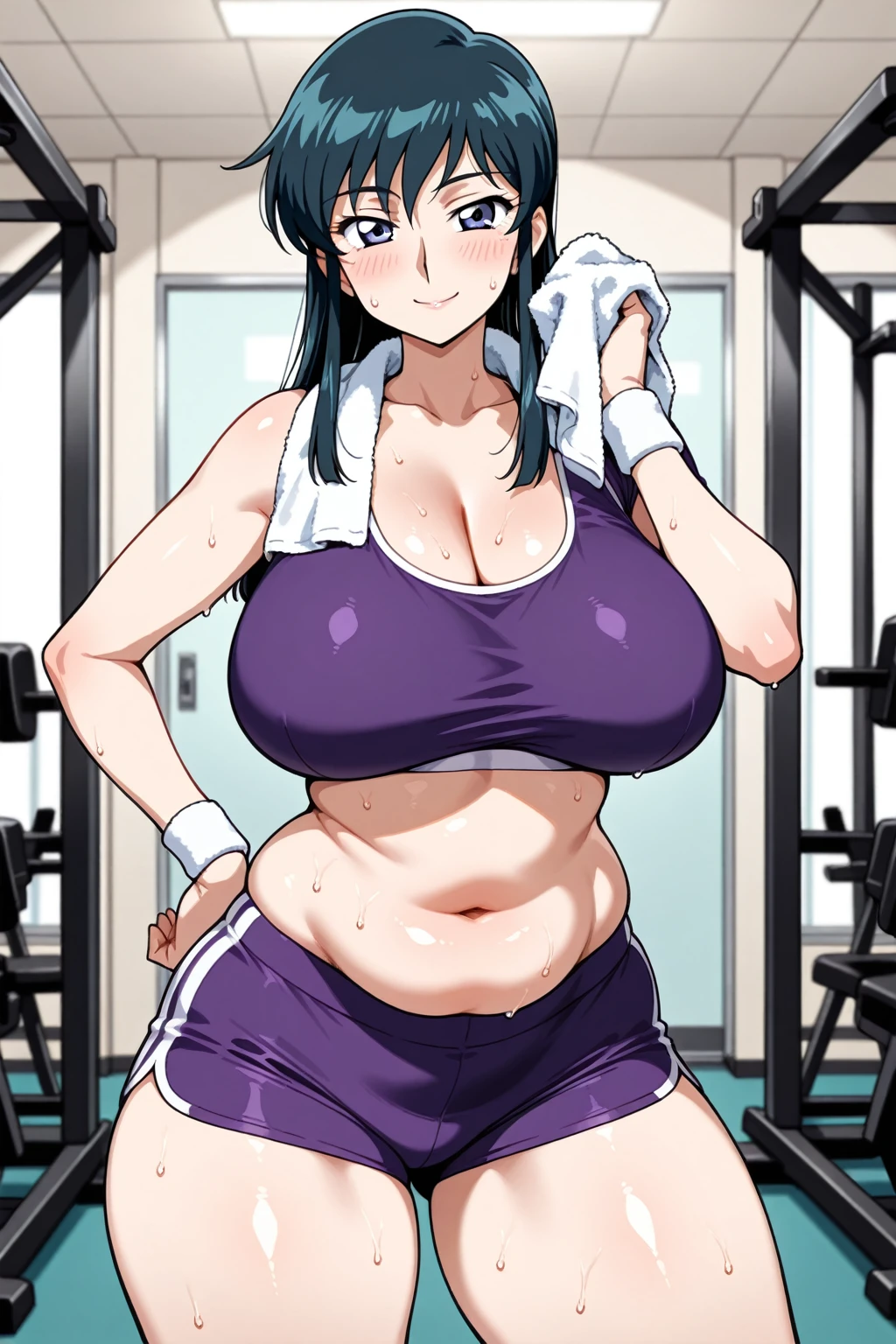 Woman in a sport outfit, sport bra, shorts, sweaty clothes, sweaty, curvy, busty, smirk, evil, thick thighs, sitting down, front view, presenting hindquartes, hand on crotch, looking at viewer