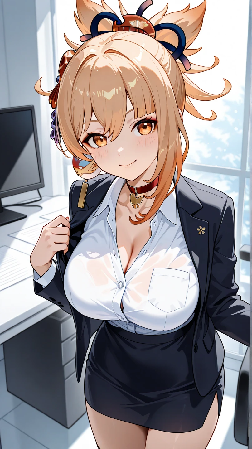 masterpiece, Highest quality, (Highly detailed CG Unity 8k wallpaper) (Highest quality), (Best illustrations), (Best Shadow) masterpiece, Highest quality, Super detailed, Ultra-high resolution, Highly detailed face, alone, anime, 20歳のoffice lady, slim, (((office カジュアル))), White shirt,(((Emphasize breasts))), Arms crossed,(((Lean forward))), Light brown short hair, Cleavage,Mid-chest, A small smile,office