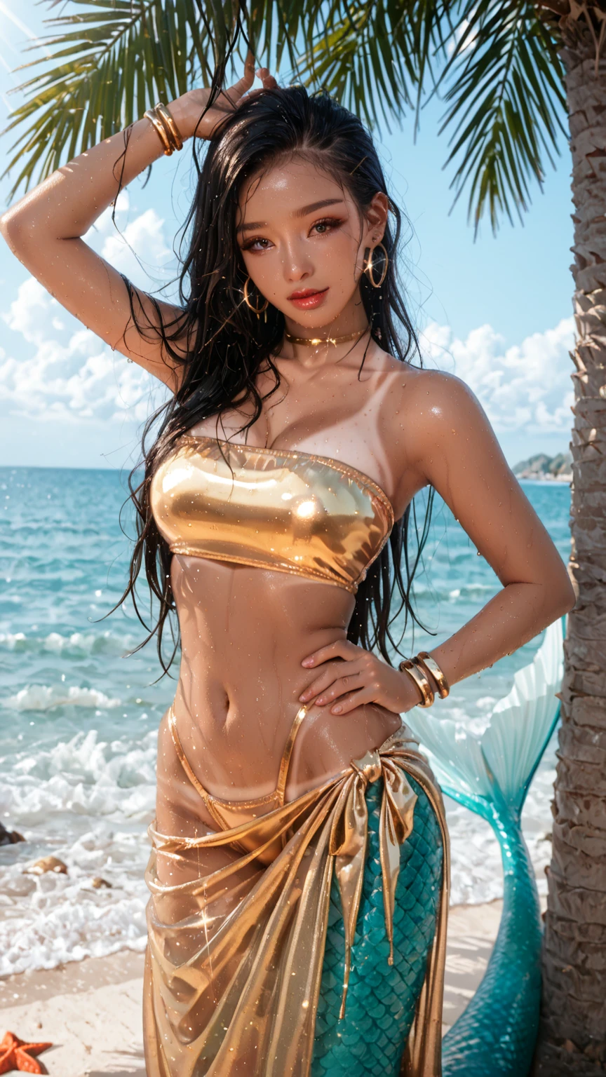 Female Mermaid pirate, tiny shell bikini top, long braided black hair, spear, multicolor tail, pirate ship