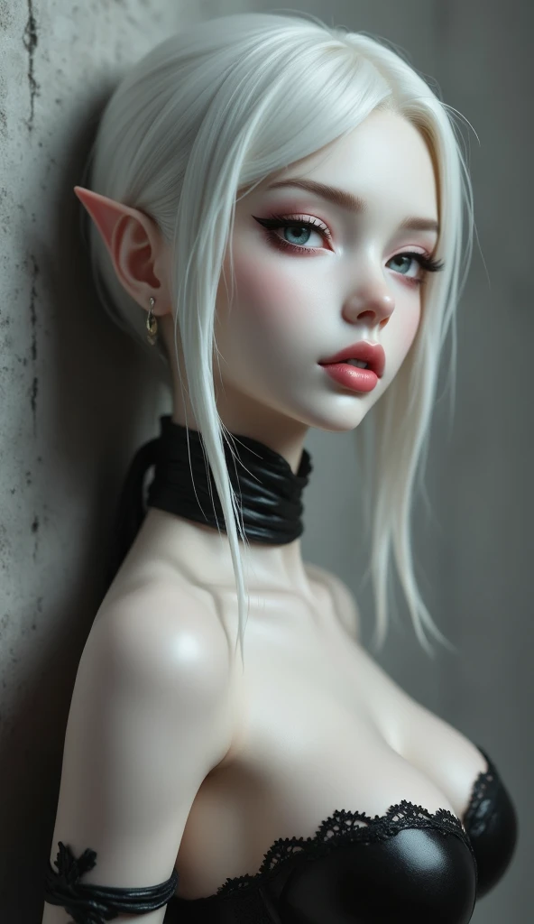 A (((full-body))), ultra-detailed, ((hyper-realistic)), ((masterpiece)) fantasy art painting, in the style of Dungeons and Dragons, of an ethereally beautiful young elf woman. She has doll-like caucasian features and ((very pale porcelain skin)). Her large eyes are a striking blue, and she is wearing ((heavy black eye shadow)). She has a very slim ((petite body)) with long (((thin legs))). Her ((huge round breasts)) look far too large for her skinny body. She is wearing a tight crop top, an extremely short miniskirt, and black boots. She is sitting in a provocative pose that shows off her legs, and her (((whole body from head to toe))) is shown in the photo. The lighting is dramatic and cinematic, and her skin is shiny.
